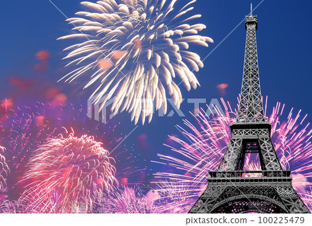 Celebratory colorful fireworks over the Eiffel Tower in Paris, France Celebratory colorful fireworks over the Eiffel Tower in Paris, France 100225479