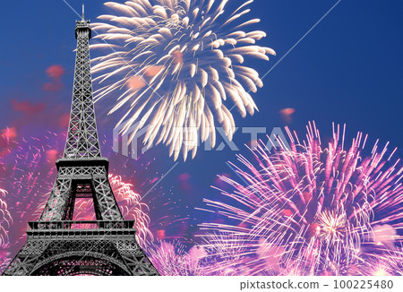 Celebratory colorful fireworks over the Eiffel Tower in Paris, France 100225480