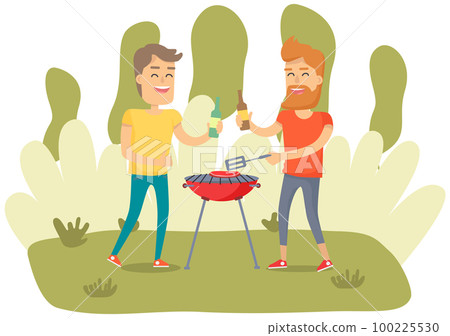 Men are cooking barbecue grill. Friends fry meat in nature and drink beer vector illustration 100225530