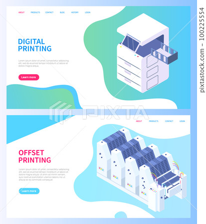 Set of illustrations on theme of printing. Isometric printer and scanner. Online website layout 100225554