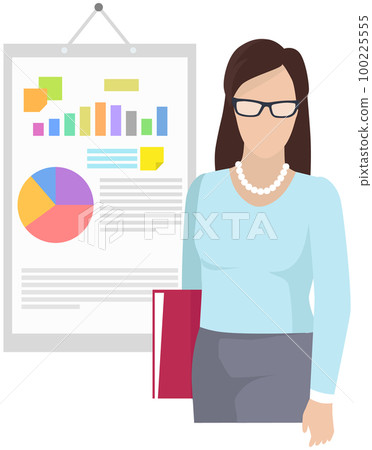 Woman office worker analyzes indicators on presentation with charts, presents financial statement 100225555