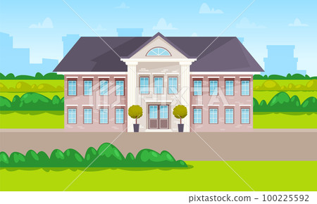 Two-story building with blue windows and roof in green landscape. Large nursing home with garden Two-story building with blue windows and roof in green landscape. Large nursing home with garden 100225592