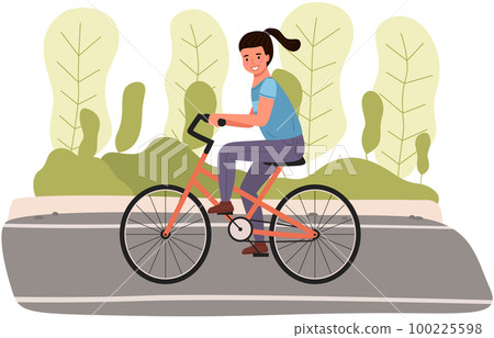 Girl riding in park. Woman rides bicycle on city road. Female character doing sports outdoors 100225598