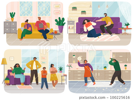 Problems and conflict in family, fight and arguing, quarreling over child in family scenes set 100225616
