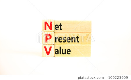 NPV net present value symbol. Concept words NPV net present value on wooden blocks on a beautiful white table white background. Business and NPV net present value concept. Copy space. 100225909