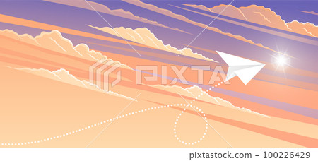 Paper plane flying over sunset sky landscape. Airplane flying among clouds and sun, art style 100226429
