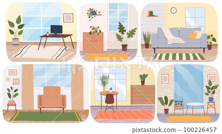 Set of illustrations about arrangement of furniture at home. Apartment interior vector illustration Set of illustrations about arrangement of furniture at home. Apartment interior vector illustration 100226457
