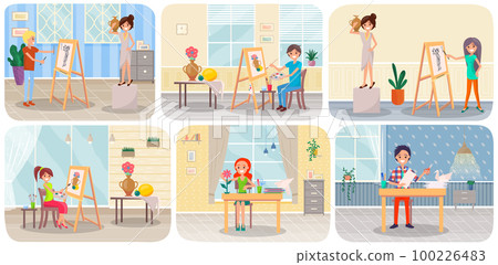 Artist studio scenes set, creative workshop room with canvas, paints, brushes, easel and paintings 100226483