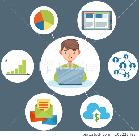 Kid creativity, mindmap and brainstorm vector illustration on blue background teenager at laptop Kid creativity, mindmap and brainstorm vector illustration on blue background teenager at laptop 100226485