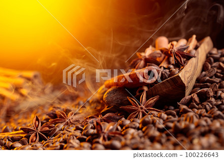Steaming coffee beans with cinnamon sticks, anise, and nutmeg. 100226643