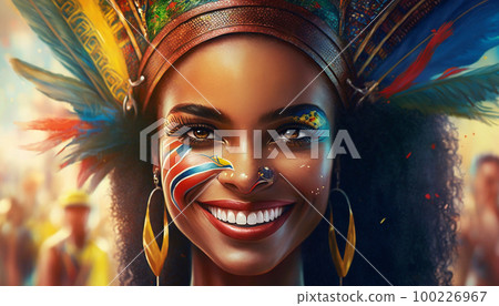 a girl in Brazil in a multi-colored costume for the carnival holiday .Generative AI 100226967