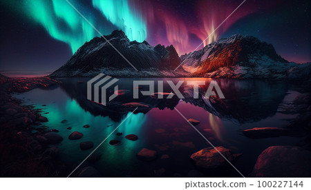northern lights in norway Aurora over the lake in fjords mountains.Generative AI 100227144