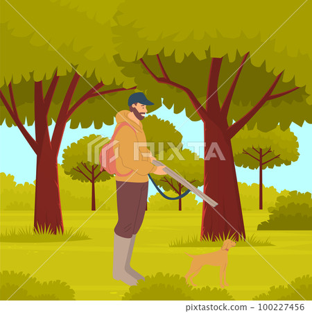 Man with gun walks through woods with tall trees. Hunter goes with his hunting dog in forest Man with gun walks through woods with tall trees. Hunter goes with his hunting dog in forest 100227456
