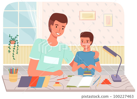 Dad and kid are doing creative work together. Men make paper crafts, glue and cut with scissors 100227463
