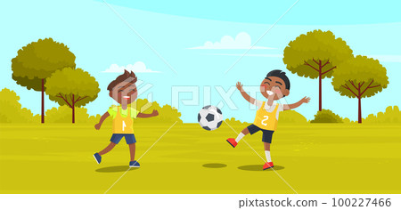 Happy children two boys black footballers playing soccer. The best summer child s outdoor activities Happy children two boys black footballers playing soccer. The best summer child s outdoor activities 100227466