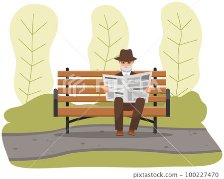 Old man with glasses sitting and reading newspaper on bench in park. Retiree elderly male character 100227470