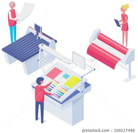Set of equipment for work in printing. Copier, printer, paper cutter isolated on white background Set of equipment for work in printing. Copier, printer, paper cutter isolated on white background 100227498
