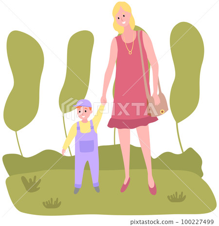 Mom and child are walking in park by hand. Mother and little son spend time together outdoor Mom and child are walking in park by hand. Mother and little son spend time together outdoor 100227499
