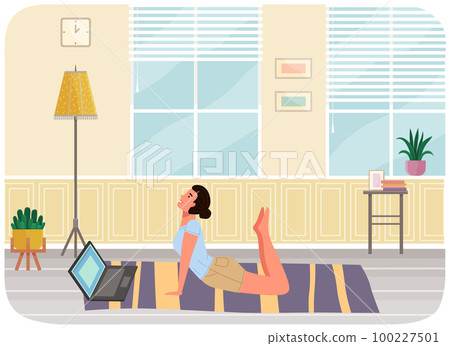 Young woman working out doing exercises at home. Yogi performs physical exercise, doing yoga Young woman working out doing exercises at home. Yogi performs physical exercise, doing yoga 100227501