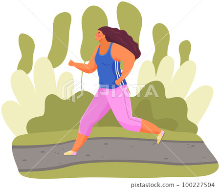 Female character doing jogging outdoor. Girl runs in park. Morning running of sportswoman Female character doing jogging outdoor. Girl runs in park. Morning running of sportswoman 100227504