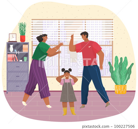 Angry husband and wife swear in presence of unhappy scared kid, girl covers her ears with hands 100227506