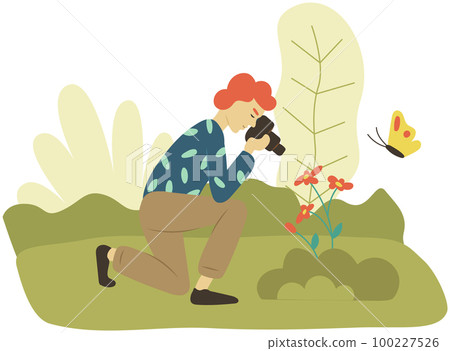 Female character with camera shooting flower. Photographer takes pictures of blossom and butterfly 100227526