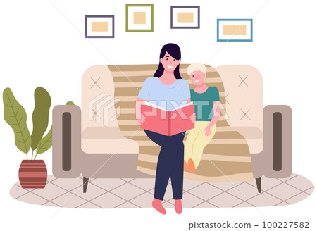 Mom telling fairy tales to her daughter at bed time. Mother is reading book to child at night Mom telling fairy tales to her daughter at bed time. Mother is reading book to child at night 100227582