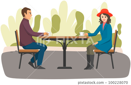 Young man and woman are sitting in outdoor cafe and drinking hot beverage on date together Young man and woman are sitting in outdoor cafe and drinking hot beverage on date together 100228070