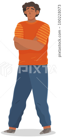 Young unhappy man with black hair dressed in casual clothes. Male sad character standing full height Young unhappy man with black hair dressed in casual clothes. Male sad character standing full height 100228073