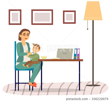 Mother is feeding baby child sitting on her knees. Mom is giving porridge to son in kitchen Mother is feeding baby child sitting on her knees. Mom is giving porridge to son in kitchen 100228074