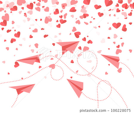 Red paper airplanes and hearts fly between valentines. Template on theme of love and romance Red paper airplanes and hearts fly between valentines. Template on theme of love and romance 100228075