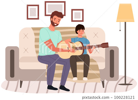 Musician teaches child to make songs. Guitar and music lesson. Dad and son playing together 100228121
