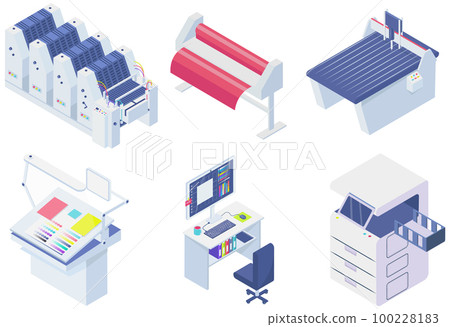 Set of equipment for work in printing. Copier, printer, paper cutter isolated on white background 100228183