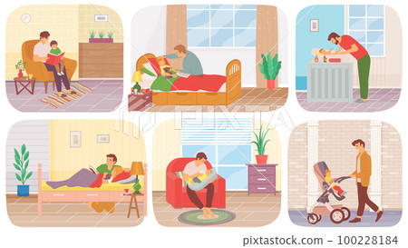 Man on maternity leave with child scenes set. Dad tells story, walks, washes, takes care of baby 100228184