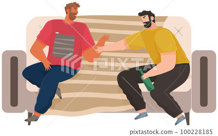 Drunk men on couch quarrel. Male characters drink alcohol. Guys alcoholics with bottle of beer Drunk men on couch quarrel. Male characters drink alcohol. Guys alcoholics with bottle of beer 100228185