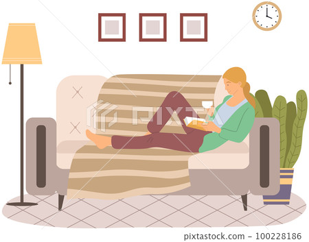 Woman lying on couch and reading book. Female character with literature and cup of drink at home Woman lying on couch and reading book. Female character with literature and cup of drink at home 100228186