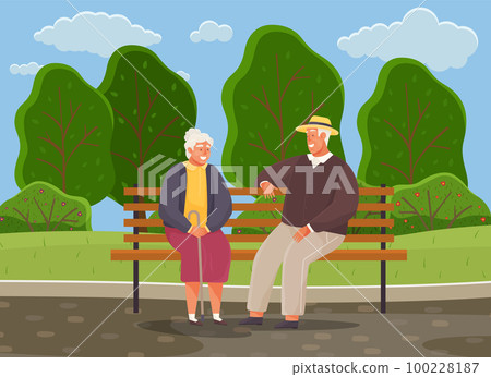Old woman and man are resting and sitting on bench in park. Meeting of retirees from nursing home 100228187