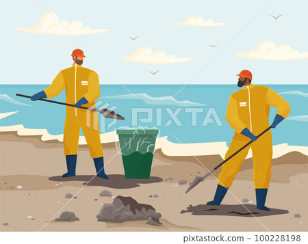 Men with shovels clean waste contaminated areas of sand. Volunteer people are cleaning beach Men with shovels clean waste contaminated areas of sand. Volunteer people are cleaning beach 100228198