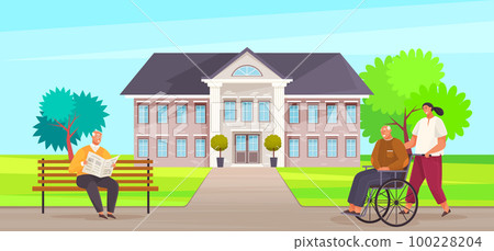 Nursing home. Elderly people walk outdoors in good weather near building, care for retirees 100228204