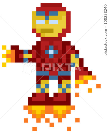 Flying man, robot in red metal suit. Pixelated cartoon character in jet boots with fire 100228240