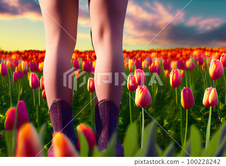 the feet of a young girl stand in a clearing dotted with flowers. 100228242