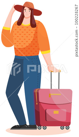 Woman tourist with rolling suitcases. Person with suitcase engaged in tourism goes on tour Woman tourist with rolling suitcases. Person with suitcase engaged in tourism goes on tour 100228267