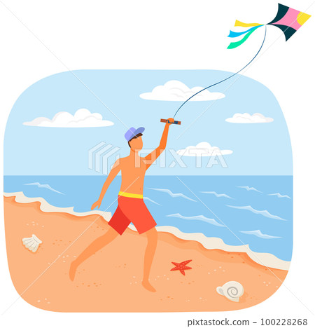 Male character with flying wind kite in white frame. Summer vacation concept. Boy running after toy Male character with flying wind kite in white frame. Summer vacation concept. Boy running after toy 100228268