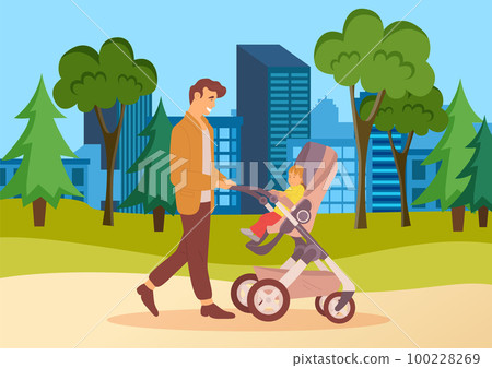 Young father walking with baby stroller in city park. Dad spend time with his son ourdoors Young father walking with baby stroller in city park. Dad spend time with his son ourdoors 100228269