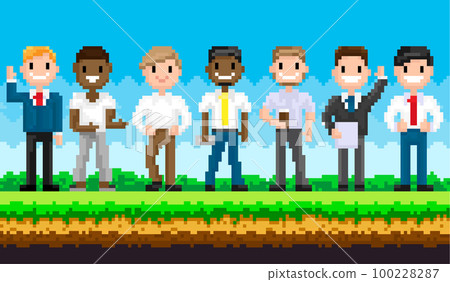 Pixel male characters for old game layout stand against background of nature landscape with blue sky Pixel male characters for old game layout stand against background of nature landscape with blue sky 100228287