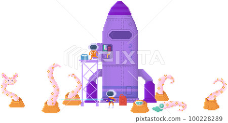 Pixelated character repairs rocket to fly away. Alien with blaster shoots dangerous pixel animal Pixelated character repairs rocket to fly away. Alien with blaster shoots dangerous pixel animal 100228289