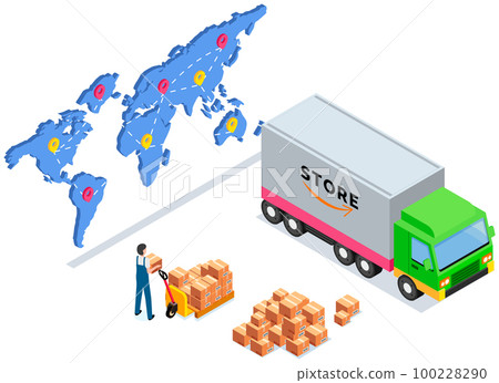 Loading car before shipping and delivery. Destination map with marks, international postal mail 100228290