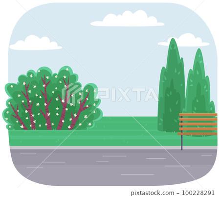 City park with road, wooden bench, green bushes and trees flat illustration in summer landscape City park with road, wooden bench, green bushes and trees flat illustration in summer landscape 100228291
