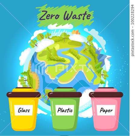 Recycling or reuse. Garbage sorting. Different color recycle bins with glass, plastic and paper 100228294