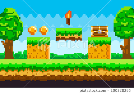 Pixel-game background with coins in sky. Pixel art game scene with green grass platform and chest 100228295